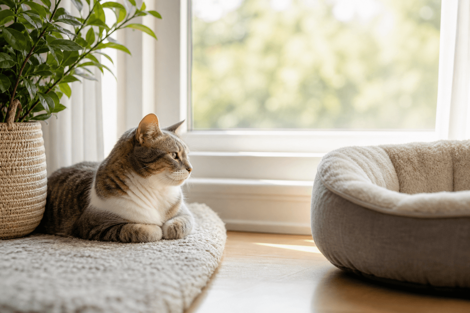 A relaxed cat in a sunny home window