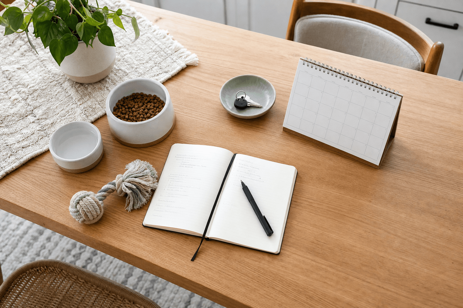 A neat pet-care planning station with bowls and notes